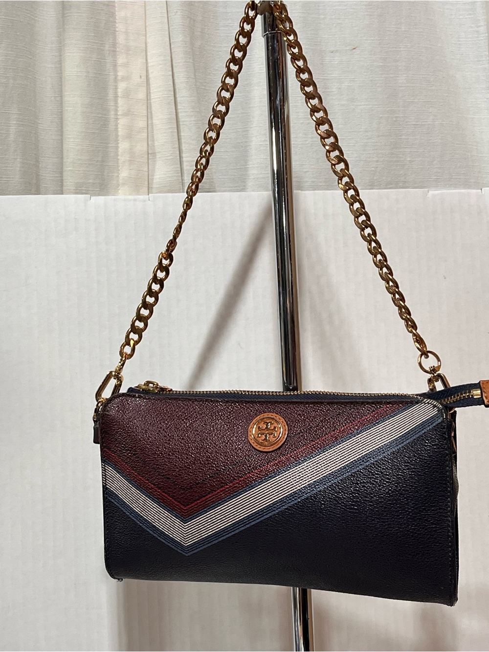 Tory Burch Navy And Burgundy Chevron Leather Shoulder Bag
